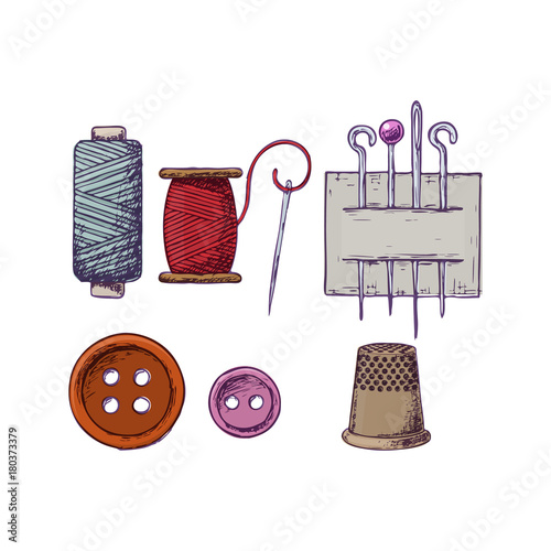 Threads, needles, thimble and buttons, colorful sketch illustration of accessories for sewing. Vector