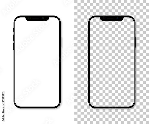 New version of black slim smartphone with blank white screen. Realistic vector illustration