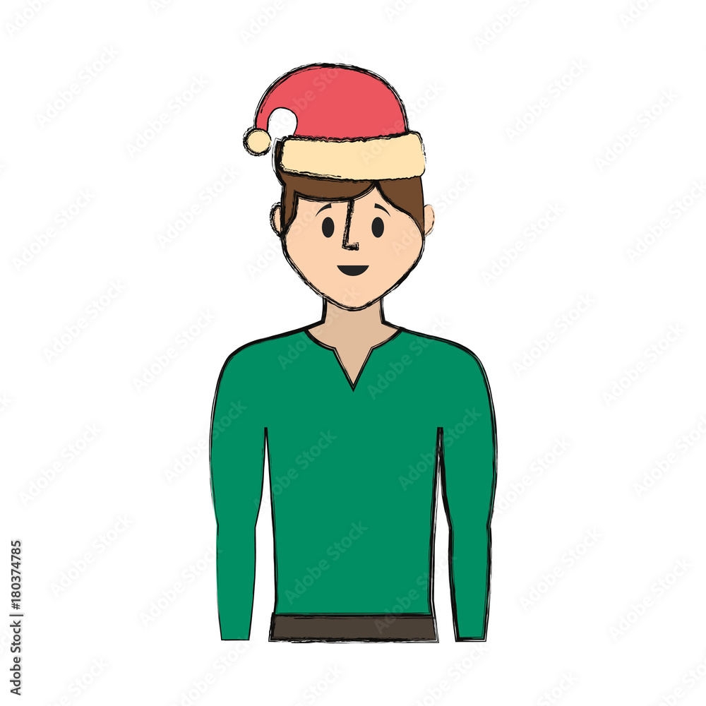 flat line colored man with santa hat over white background vector illustration flat line colored man with santa hat over white background vector illustration