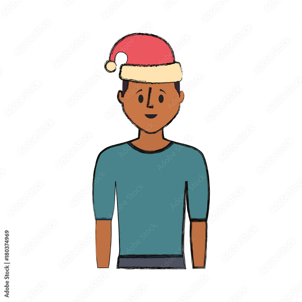 flat line colored man with santa hat over white background vector illustration flat line colored man with santa hat over white background vector illustration