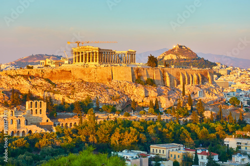 The Acropolis and panoramic view of Athens city in Greece in the evening