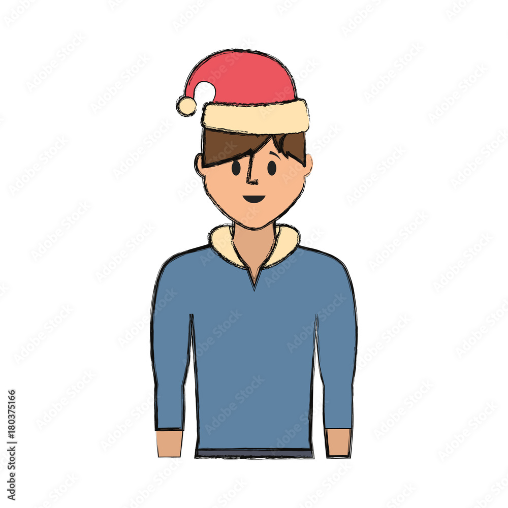 flat line colored man with  santa hat  over  white background  vector illustration