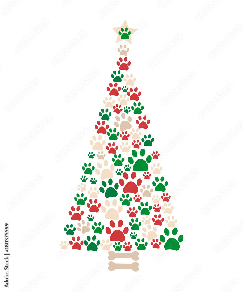 Christmas tree made of bone and paw prints. New year greeting card Christmas tree made of bone and paw prints. New year greeting card