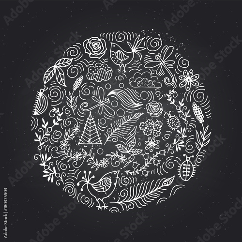 A bright circle with a summer ornament. Flowers, bugs, dragonfly, cloud. Element for your design.