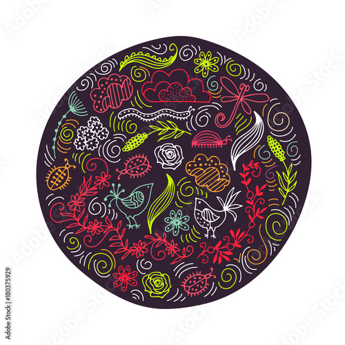 A bright circle with a summer ornament. Flowers, bugs, dragonfly, cloud. Element for your design.