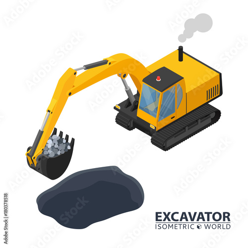 Isometric excavator isolated on white background. 3d icon construction digger. Special construction machinery. Vector illustration. Build your isometric world.