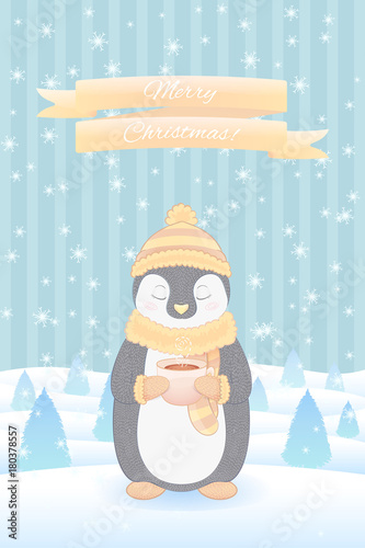 Christmas holiday card with penguin. Vector illustration. Cute cartoon penguin in clothing with cup of hot tea.