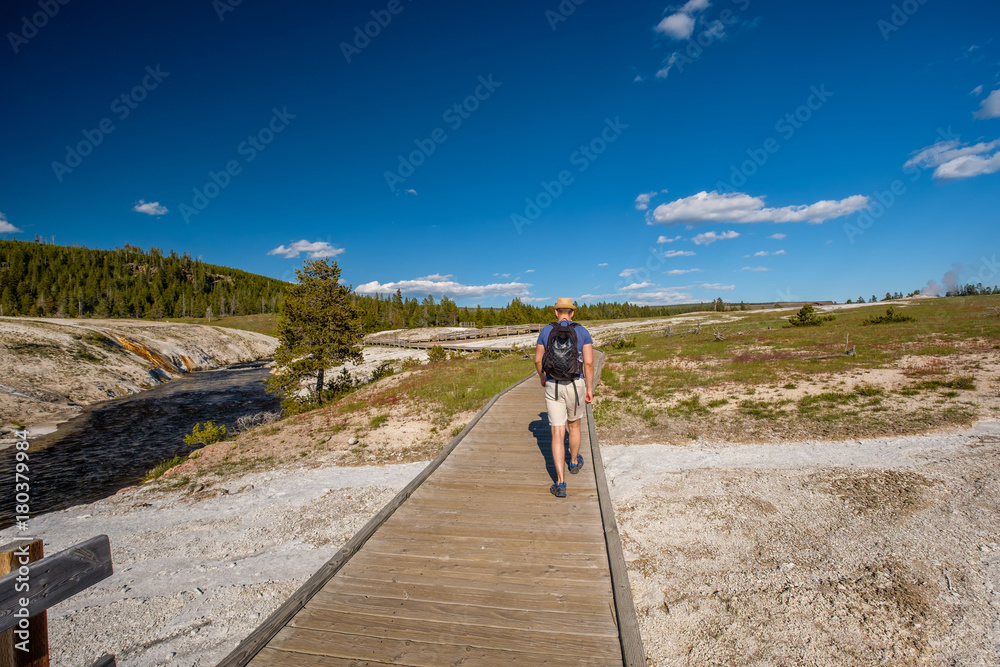 Obraz premium Tourist with backpack hiking in Yellowstone