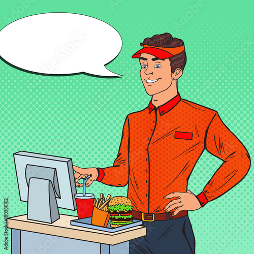 Pop Art Happy Man Cashier Takes the Order. Fast Food Restaurant Worker. Vector illustration