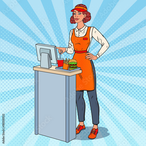 Pop Art Female Cashier Takes the Order. Fast Food Restaurant Worker. Vector illustration