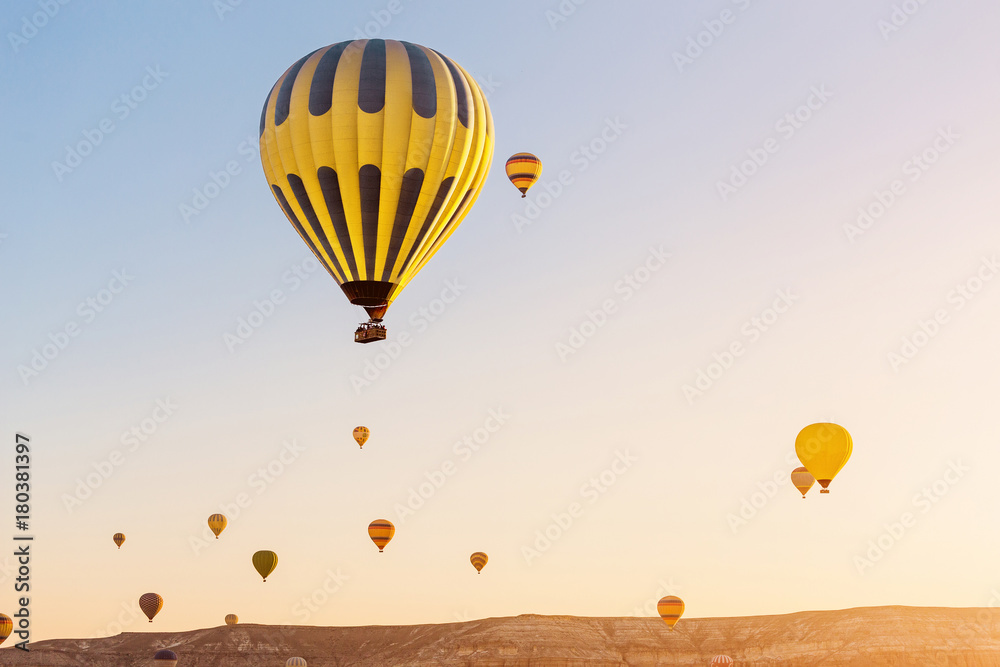 Obraz premium Many hot air balloons flying over rock landscape at Cappadocia at sunrise in early morning