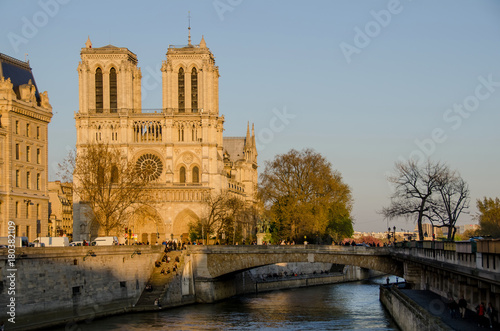 View of Notre Dame from the Seine river in Paris France