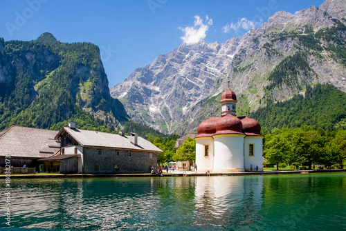 View of the Church S.Bartolome on the banks of lake Konigssee in Bavaria, Germany.
