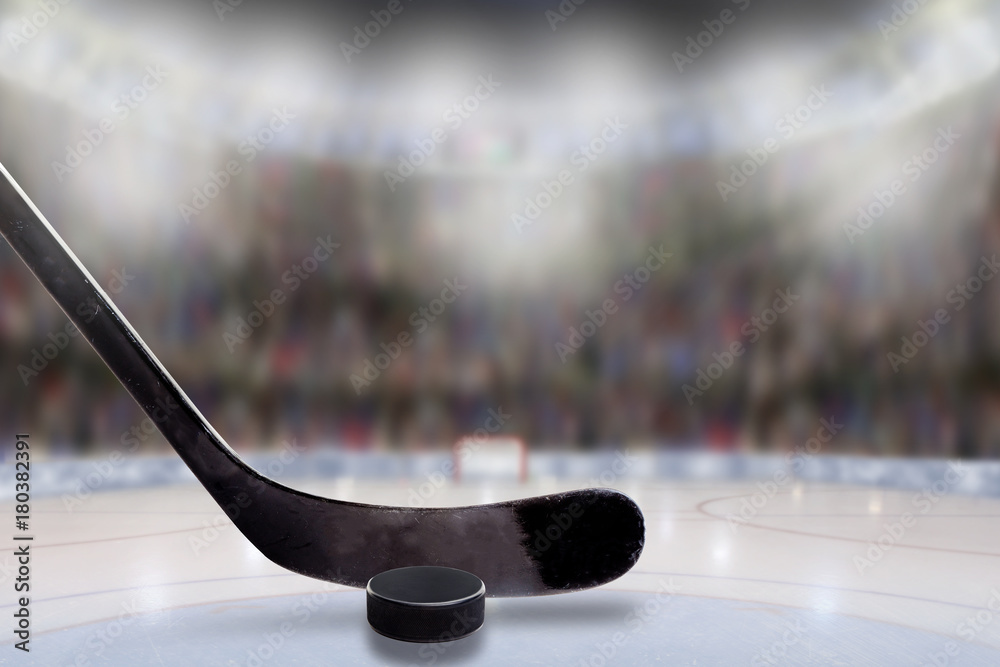 Ice Hockey Stick and Puck in Rink With Copy Space - obrazy, fototapety, plakaty 