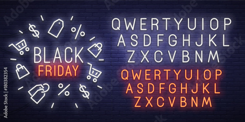 Black Friday neon sign, bright signboard, light banner. Black Friday logo, emblem and label. Neon sign creator. Neon text edit