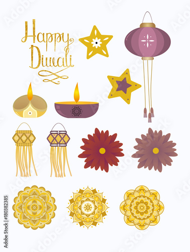 Collection of watercolor Diwali festival objects.