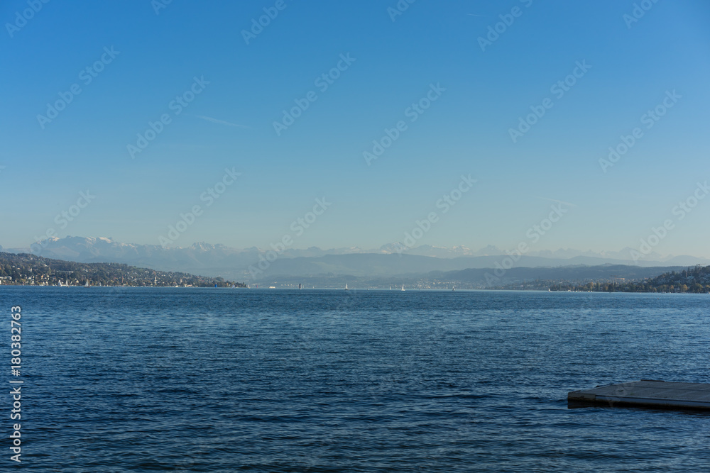 lake zurich coast view with blue sky in summer