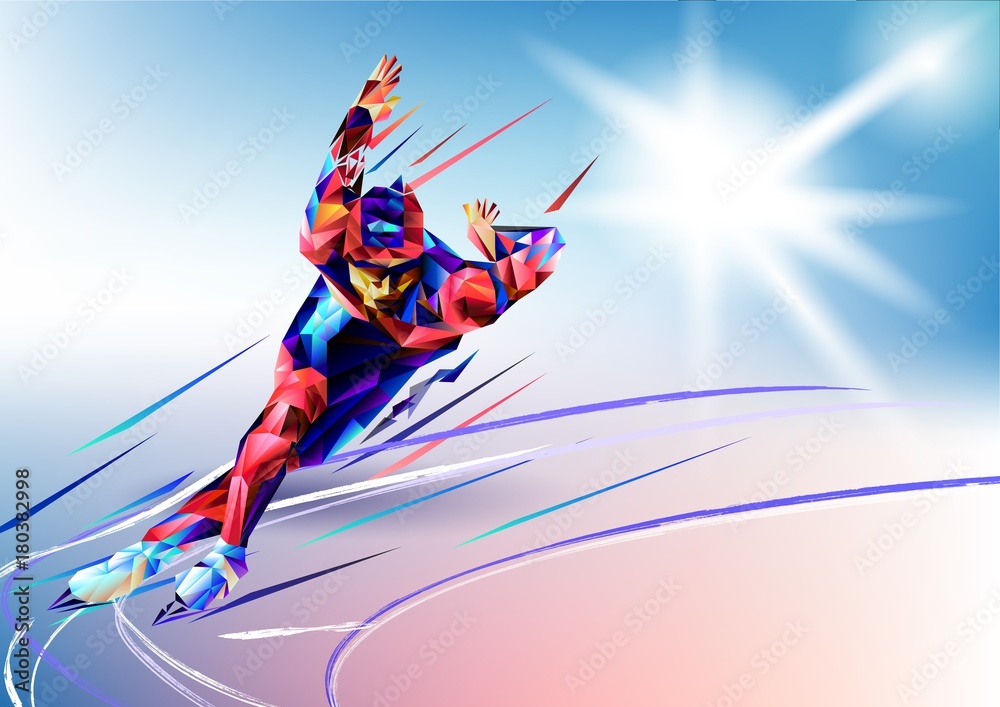 Fototapeta Vector illustration blue background in a geometric triangle of XXIII style Winter games. Olympic speedskater athlete speed skating ice arena from triangle silhouette
