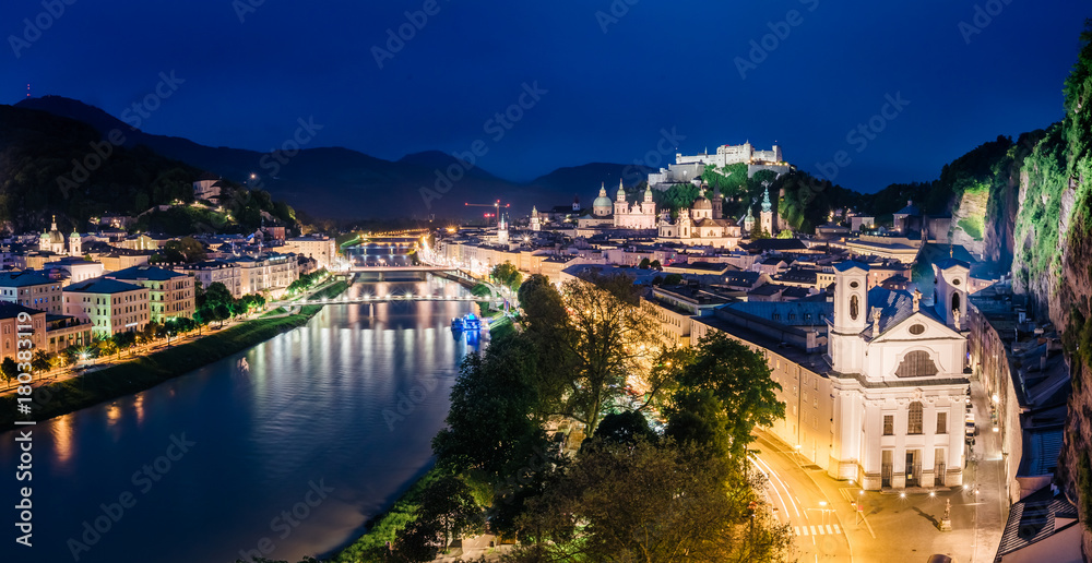 Great  view from the top on an evening city shining in the lights. Location famous place (unesco heritage) Festung Hohensalzburg, Salzburger Land, Austria Europe. Beauty world.