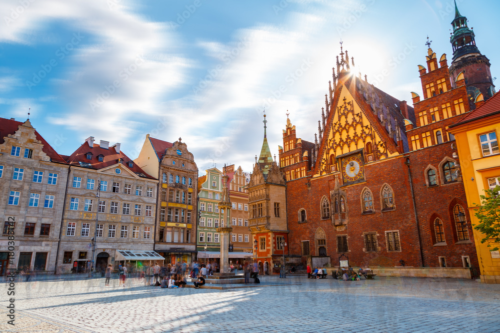Obraz Fantastic view of the ancient city hall Wroclaw (Ratusz Wrocławski). Picturesque scene. Location famous Market Square, Poland, Europe. Historical capital of Silesia. Beauty world.
