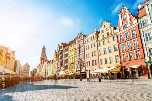 Fantastic view of the ancient homes on a sunny day. Location famous Market Square in Wroclaw, Poland, Europe. Historical capital of Silesia. Beauty world.