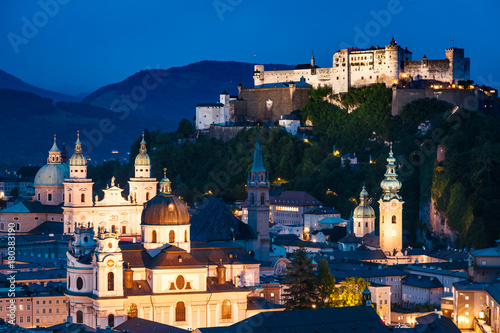 Great view from the top on an evening city shining in the lights. Location famous place (unesco heritage) Festung Hohensalzburg, Salzburger Land, Austria Europe. Beauty world.