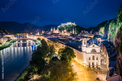 Great view from the top on an evening city shining in the lights. Location famous place (unesco heritage) Festung Hohensalzburg, Salzburger Land, Austria Europe. Beauty world.