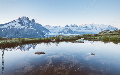Views of the Mont Blanc glacier with Lac Blanc (White Lake).