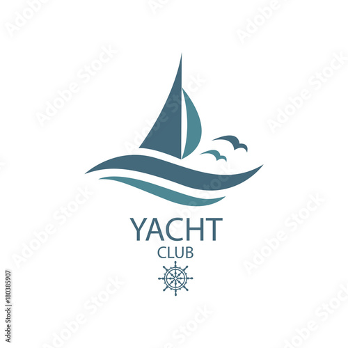 icon of sailing yacht and ocean waves with seagulls