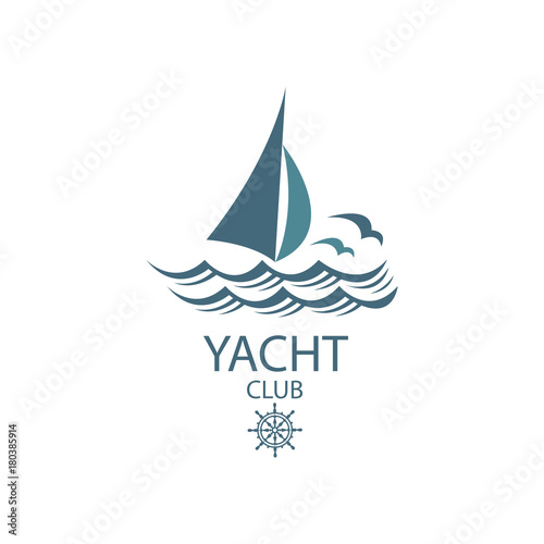 icon of sailing yacht and ocean waves with seagulls