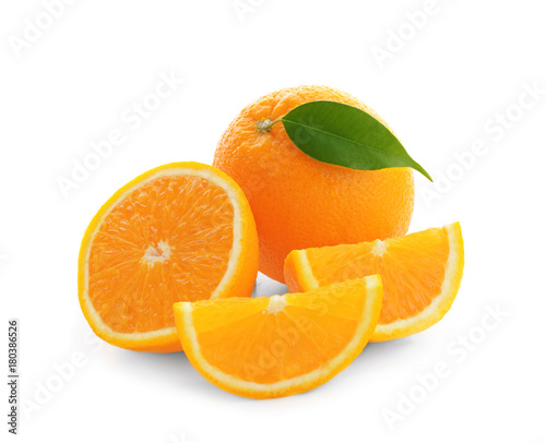 Yummy fresh orange with slices on white background