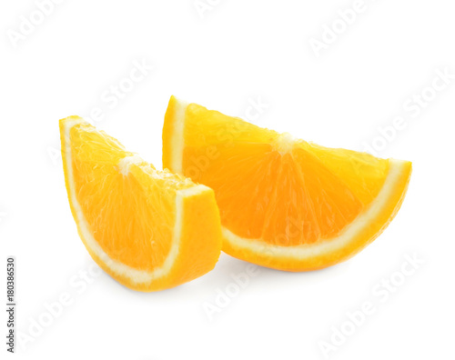 Yummy fresh orange slices on white background