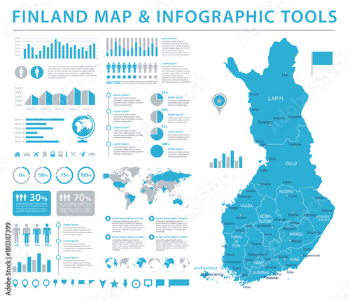 Fotografie, Tablou Finland Map - Detailed Info Graphic Vector Illustration