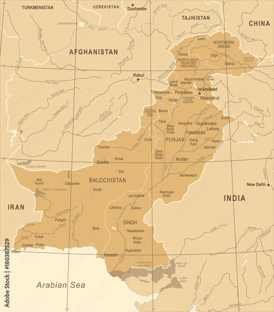 Pakistan Map - Vintage Vector Illustration