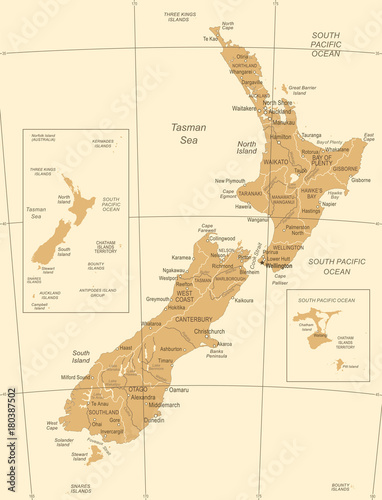 Fotografie, Obraz New Zealand Map - Vintage Vector Illustration