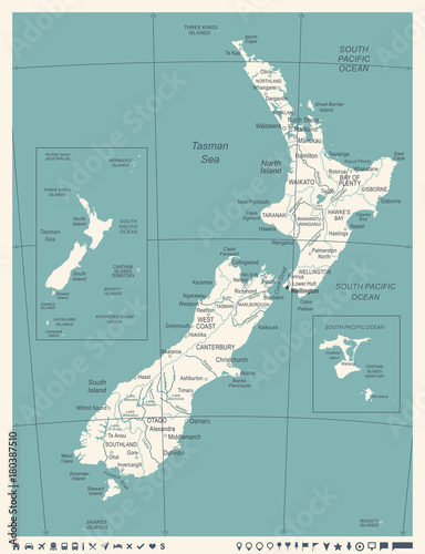 Obraz na plátně New Zealand Map - Vintage Vector Illustration