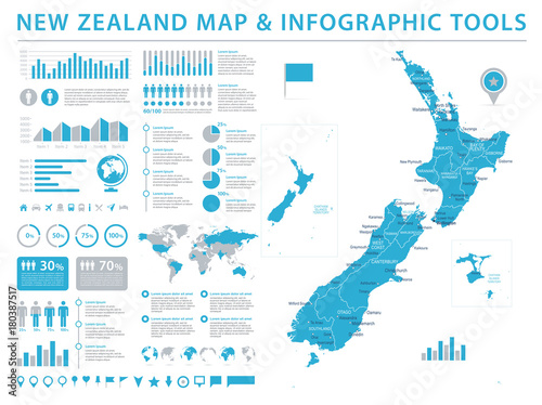 Fotografie, Obraz New Zealand Map - Info Graphic Vector Illustration