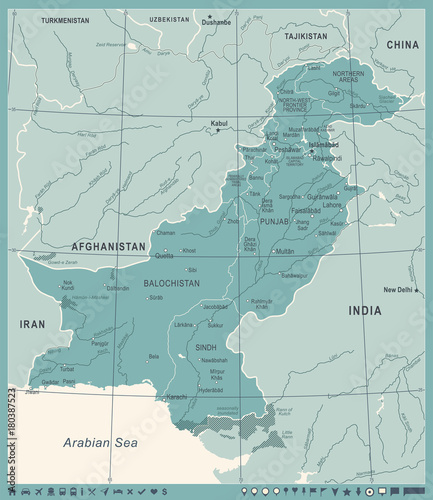 Pakistan Map - Vintage Vector Illustration