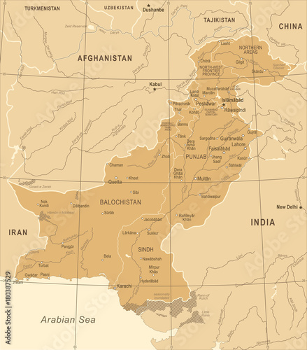 Pakistan Map - Vintage Vector Illustration