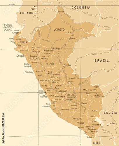 Peru Map - Vintage Vector Illustration
