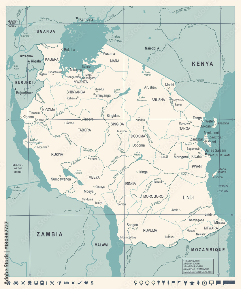 Tanzania Map - Vintage Vector Illustration
