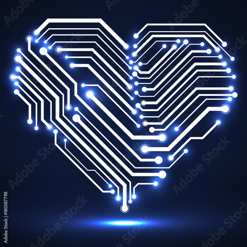 Abstract neon circuit board in shape heart, technology background