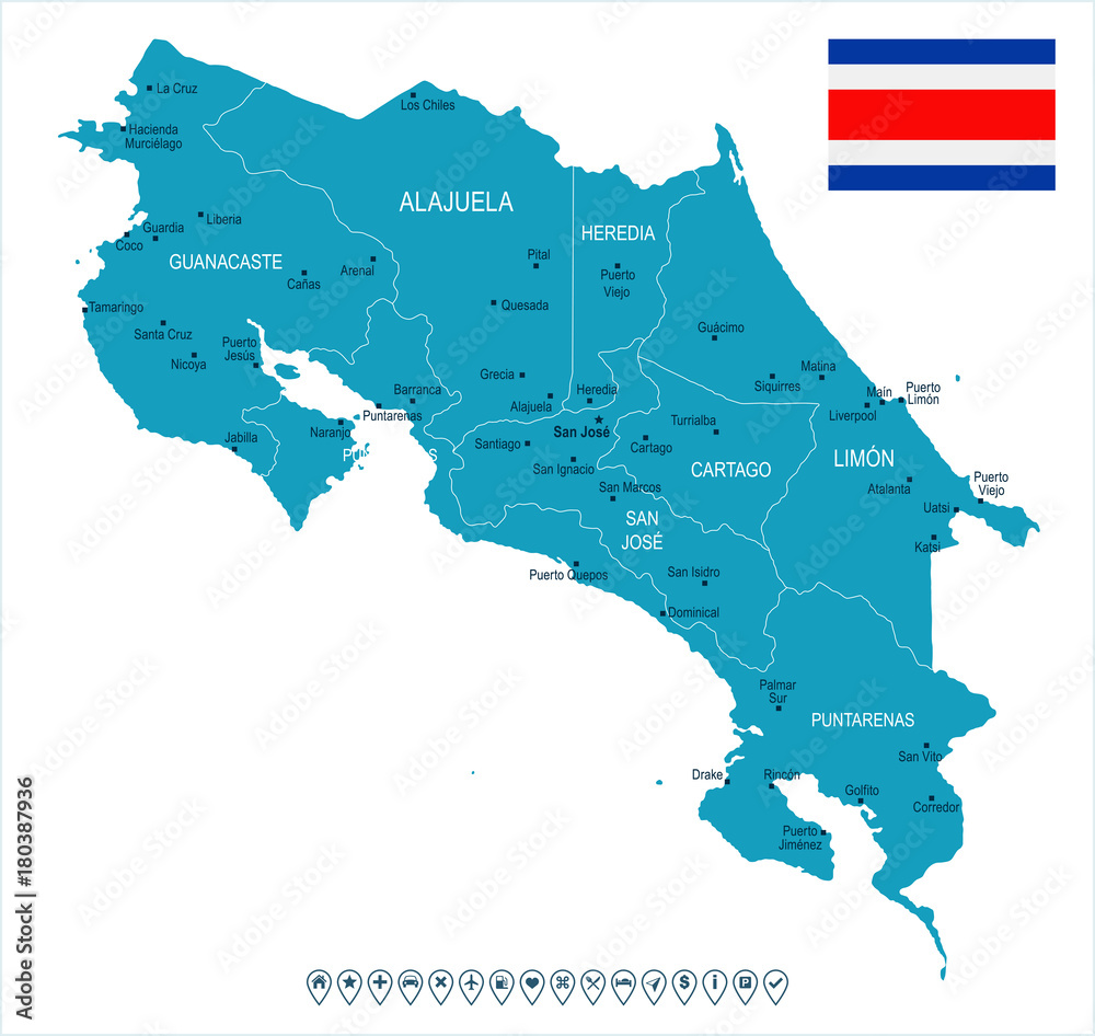 Fototapeta premium Costa Rica - map and flag - Detailed Vector Illustration