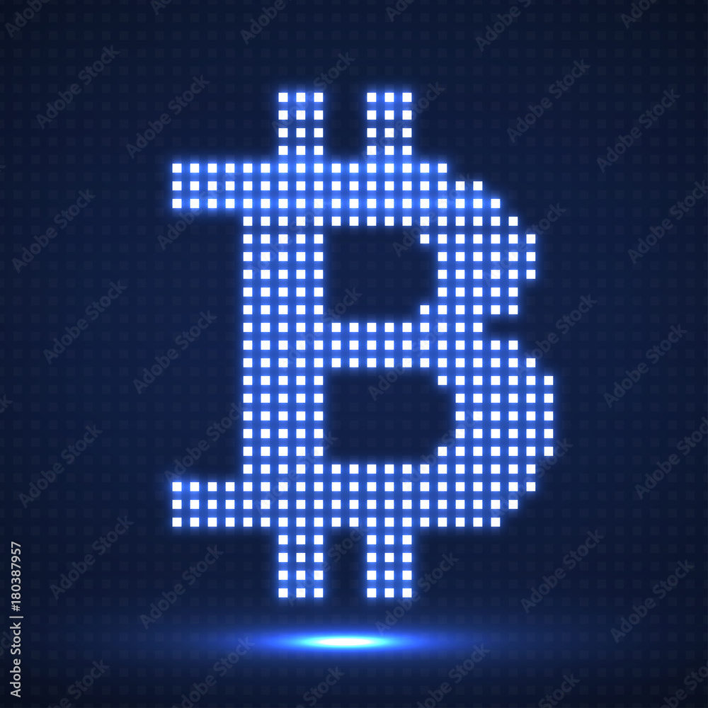 Fototapeta premium Abstract neon sign bitcoin from pixels. Cryptocurrency icon