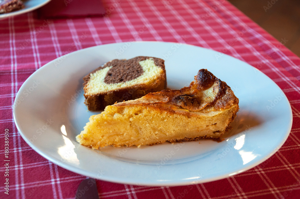piece of homemade apple cake and chocolate cake piece of homemade apple cake and chocolate cake