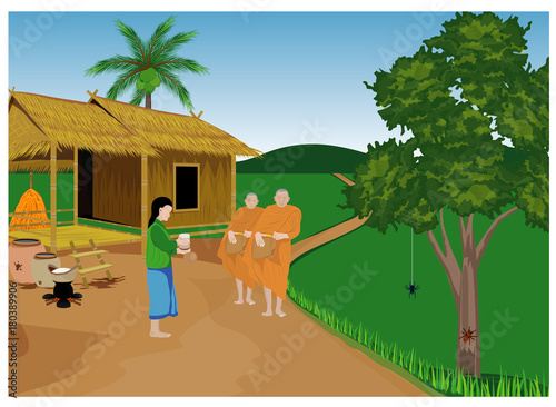 one woman give alms to a Buddhist monk vector design