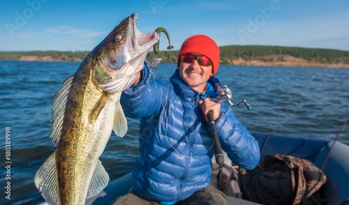 Happy angler holds fish Zander (Sander lucioperca) with river on the backgound photo