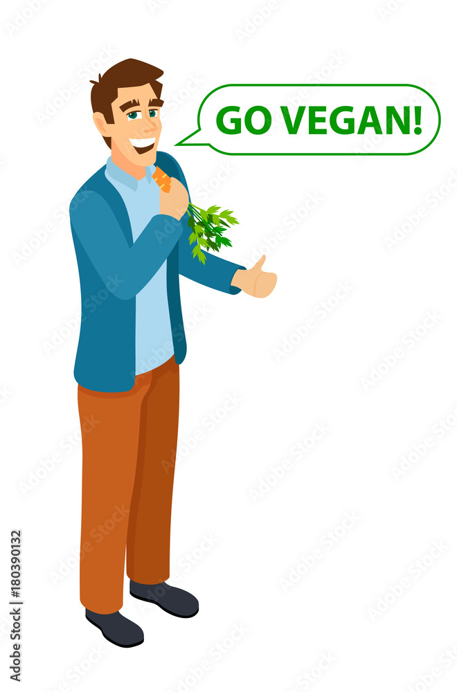 Go vegan. Isometric young character eats a carrot. Go vegan. Isometric young character eats a carrot.