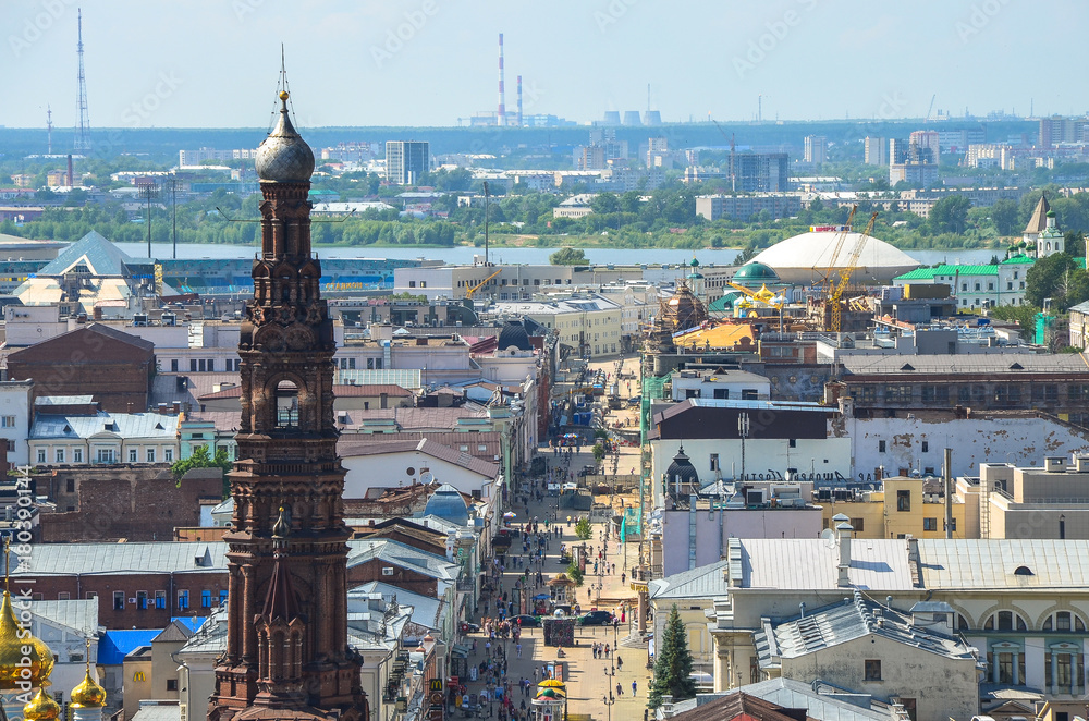 KAZAN, RUSSIA - JUNE 6. 2016: Aerial view of Bauman street and the bell tower of the Epiphany Cathedral, Kazan, Russia