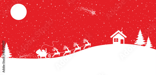 Santa Claus goes on Christmas sleigh on red background – vector